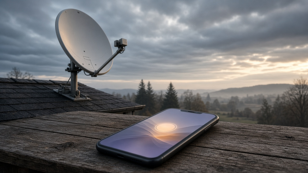 Satellite dish on a rural roof with a phone on a wooden railing beneath a cloudy sky
