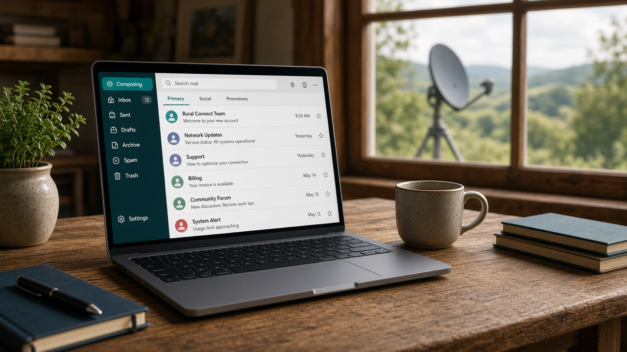 Email inbox open on a laptop beside a satellite internet dish
