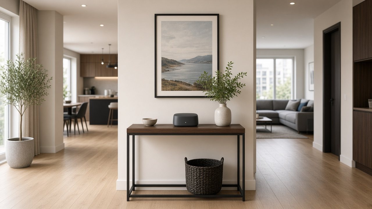 Mesh Wi-Fi nodes glowing across soft interior room panels