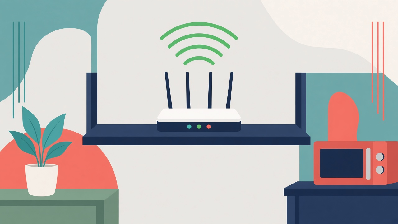 Router on a raised living-room shelf with clear space around it instead of tucked in a cabinet