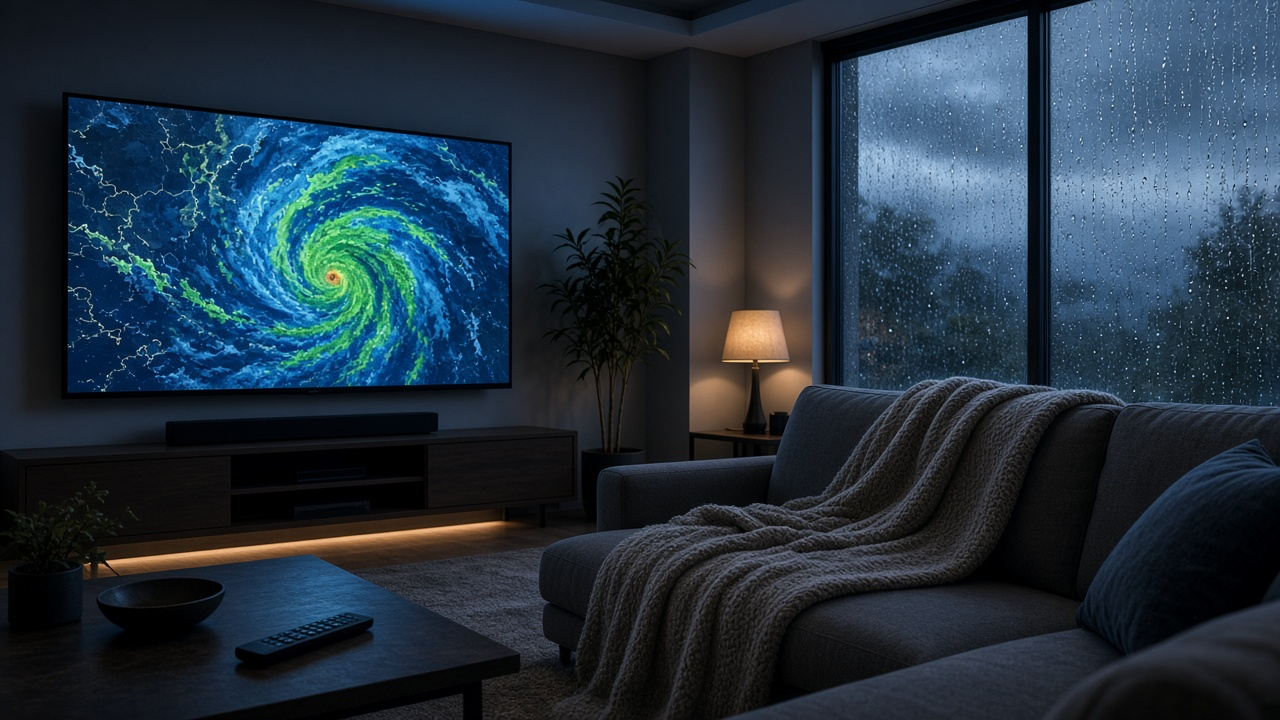 Weather radar displayed on a television during a storm