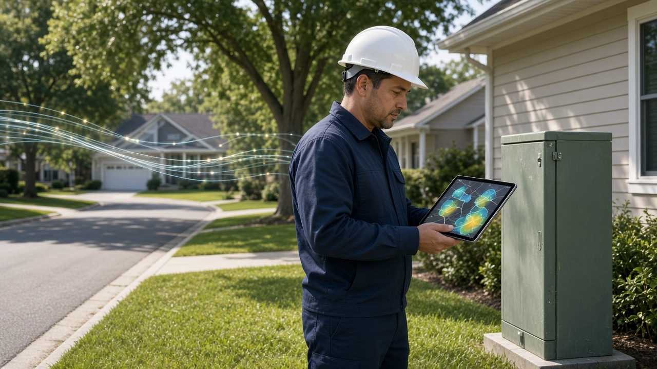Fiber technician checking neighborhood network availability