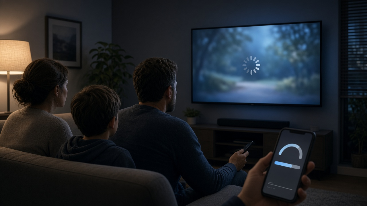 Household watching a buffering television while checking internet speed
